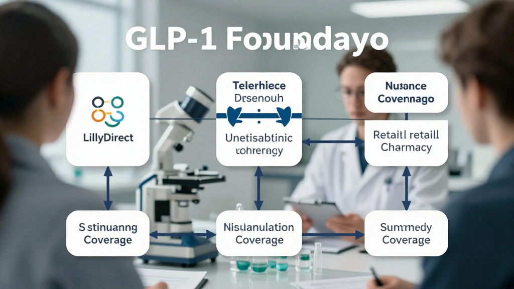 A distribution map for oral GLP-1 Foundayo linking LillyDirect, telehealth, retail pharmacy, insurance coverage and patient refill path
