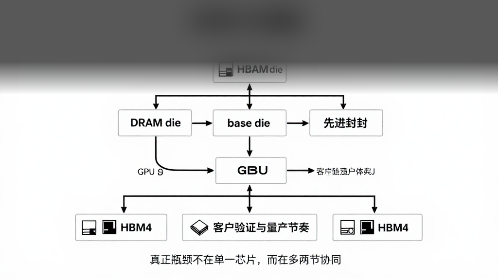 画一张 HBM4 价值链关系图，包含 DRAM die、base die、先进封装、GPU 客户验证与量产节奏，说明真正瓶颈不在单一芯片，而在多环节协同