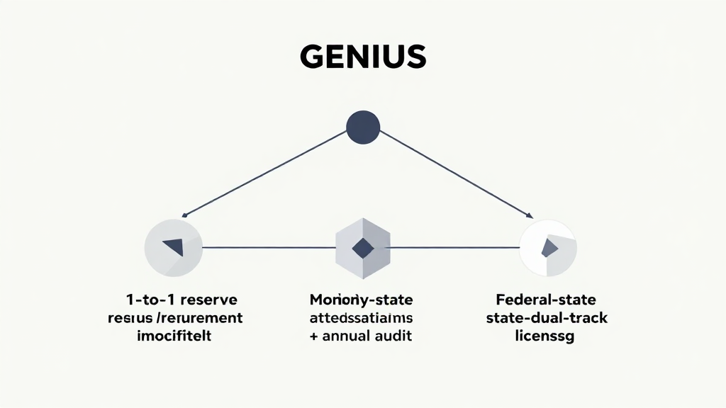 GENIUS Act three pillars: 1-to-1 reserve requirement, monthly attestation + annual audit, federal/state dual-track licensing