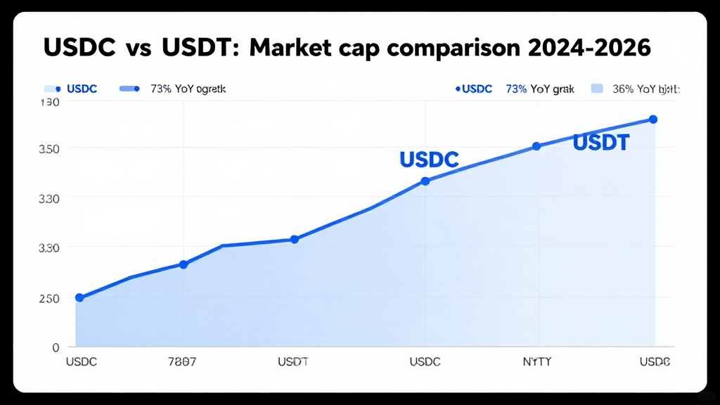 USDC vs USDT: market cap comparison 2024-2026 showing USDC 73% YoY growth vs USDT 36% YoY growth
