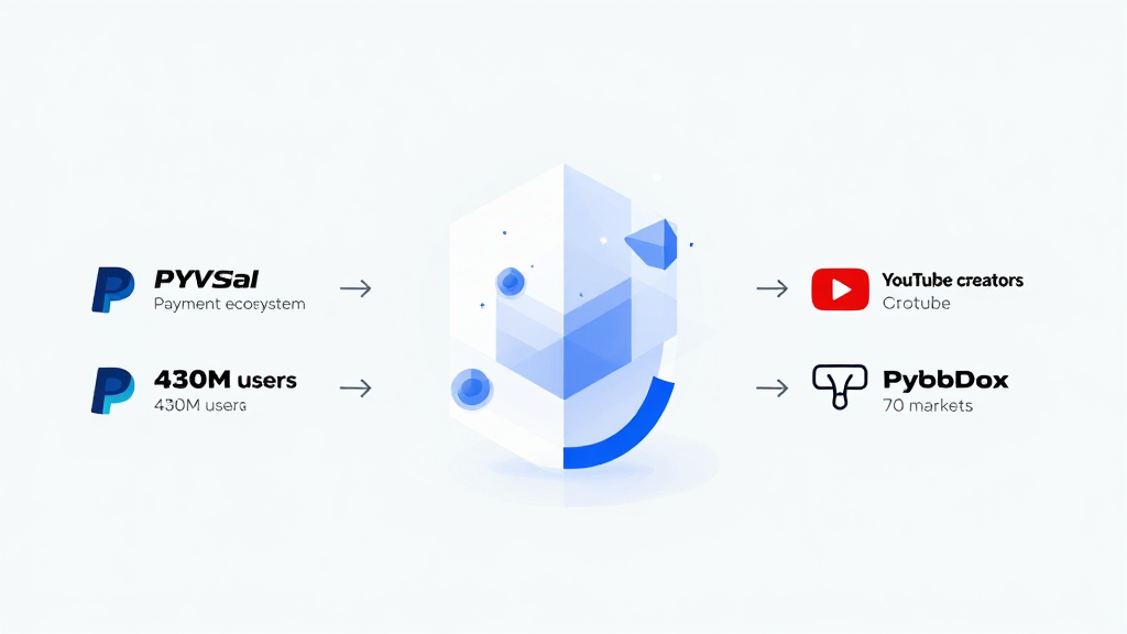 PYUSD payment ecosystem: PayPal 430M users → PYUSD → YouTube creators → PYUSDx developer apps → global 70 markets