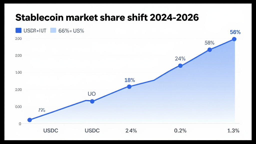 Stablecoin market share shift 2024-2026: USDT from 66% to 58%, USDC from 18% to 24%, PYUSD from 0.2% to 1.3%